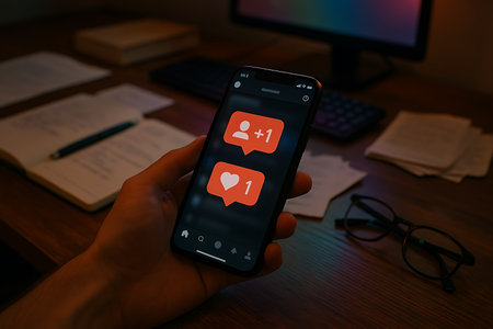 Close-up of a hand holding a smartphone displaying social media notifications, including new followers and likes, against a softly blurred background of a desk with office items in a dimly lit setting. This image captures the essence of digital connection, online engagement, and immediate feedback from social platforms.の素材