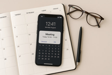 A top-down view of a modern workspace featuring a smartphone displaying an urgent meeting notification, an open weekly planner for appointments, stylish reading glasses, and a black pen, all set on a clean, light beige background. This flat lay composition emphasizes efficient time management, business scheduling, and the seamless integration of digital and traditional organizational tools for a productive workday.の素材