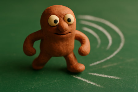 A charming handmade brown clay character with large, expressive eyes stands on a vibrant green background, accompanied by white chalk-like curved lines suggesting movement or a journey. This whimsical figure embodies curiosity and contemplation, ideal for concepts of discovery, choices, or new paths.の素材