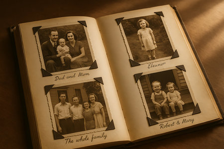 An open, aged photo album displays a collection of sepia-toned vintage family photographs, capturing cherished moments from a bygone era. The images feature portraits of parents with their baby, a young girl, and multiple family members, evoking a sense of nostalgia, history, and lasting memories on a warm wooden surface.の素材