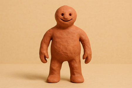 A cheerful, simple, handmade terracotta-colored clay figure with a happy smile, standing upright against a soft, plain beige background. This character evokes a sense of nostalgia, creativity, and simple joy, suitable for themes of childhood, stop-motion animation, or artisanal crafts.の素材
