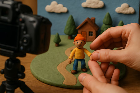 Close-up of human hands carefully manipulating a charming claymation character within a miniature landscape, set up for stop-motion animation. A camera on a tripod is visible in the foreground, capturing the creative process of bringing a handmade story to life.の素材