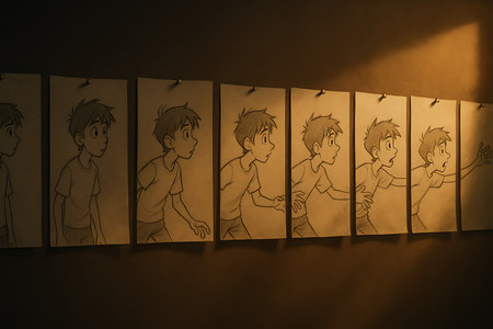 A captivating series of hand-drawn animation sketches illustrating a young boy's emotional progression, from a neutral expression to surprise or fear, pinned on a dark wall. The dramatic, warm lighting highlights the intricate pencil artwork, showcasing the creative process of character animation and visual storytelling.の素材