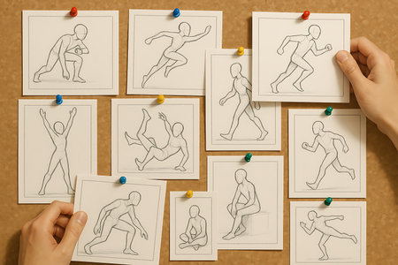 An overhead view of a cork board displaying numerous hand-drawn pencil sketches of human figures in various action poses, ideal for animation, art education, and anatomical study. A human hand is seen interacting with the drawings, suggesting a creative or learning process. These gesture drawings cover movements like running, crouching, walking, and sitting, providing valuable reference material for artists, animators, and students.の素材