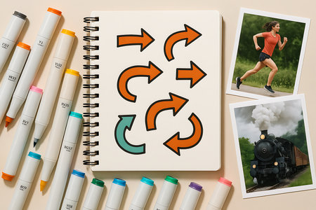 A flat lay composition showcasing a collection of colorful alcohol markers and a spiral notebook featuring hand-drawn arrows. These elements are accompanied by two framed photographs: one capturing a woman running outdoors, and another depicting a classic steam train on its tracks. This image conceptually links creativity, decision-making, progress, and various forms of forward movement and journeys.の素材