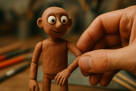 A close-up, selective focus shot shows a human hand gently holding the arm of a charming, textured brown clay character with wide eyes and a subtle smile. This image evokes themes of creativity, stop-motion animation, sculpting, and hands-on crafting, ideal for projects related to art, imagination, or DIY. The blurred background suggests an artistic workshop setting.の素材