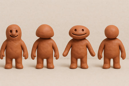 A row of four handmade clay figures stands against a soft beige background. Two of the brown, anthropomorphic characters feature cheerful smiling faces with carved eyes and mouths, while the other two have smooth, blank heads, representing neutrality or anonymity. This image can illustrate themes of individuality, diversity, emotions, social dynamics, or different personalities within a group.の素材