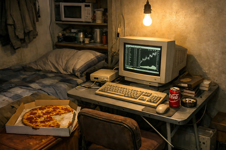 An atmospheric shot of a dimly lit, personal room featuring a vintage computer setup with a CRT monitor displaying a fluctuating stock market graph. A classic keyboard and mouse sit on the desk, alongside a can of Coca-Cola, an ashtray, and a half-eaten pizza box, suggesting a late-night trading session or focused work. The cozy, somewhat cluttered environment captures a sense of dedicated, solitary activity in an old-fashioned setting.の素材