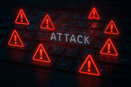 A 3D render illustrating a critical 'ATTACK' warning message displayed on a dark computer keyboard, surrounded by glowing red triangular alert signs. The image symbolizes a significant cybersecurity threat, data breach, or digital vulnerability, highlighting the dangers of hacking, malware, and cybercrime. It represents online security concerns, information protection, and digital risks in a modern technological context.の素材