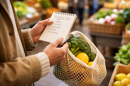 Close-up of a person's hands holding a handwritten grocery list notepad with items checked off, while also carrying a reusable mesh bag filled with fresh broccoli and lemons. The background features a vibrant, blurred market or grocery store setting, emphasizing a focus on healthy eating, sustainable shopping, and an eco-conscious lifestyle.の素材