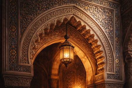 A close-up view of a beautifully ornate archway, showcasing intricate Islamic or Moorish architectural patterns and carvings. A decorative golden lantern hangs centrally, casting a warm, inviting glow that highlights the rich details and cultural artistry. The design features elaborate floral and geometric motifs, suggesting traditional craftsmanship and an elegant, historical ambiance.の素材