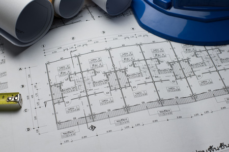 architectural plans project drawing with blueprints rolls