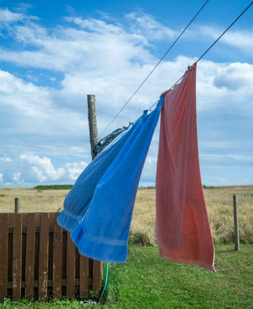 Laundry towels air drying on a clotheslineの写真素材