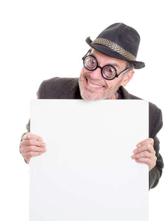 Funny man holding blank signの写真素材