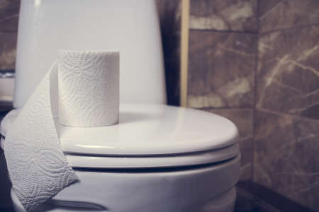 This is a closeup of a toilet paper. the background of the tile and the toiletの写真素材