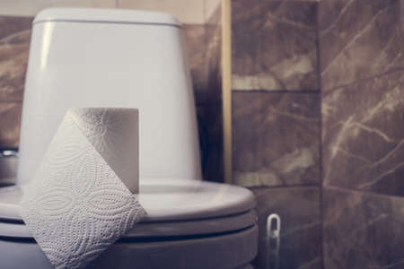 This is a closeup of a toilet paper. the background of the tile and the toiletの写真素材
