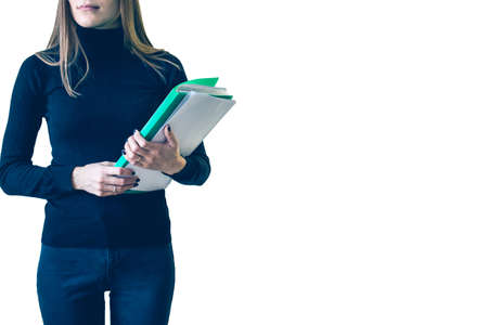 A girl with a folder of papers on white background. isolate.