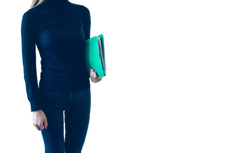 A girl with a folder of papers on white background. isolate.