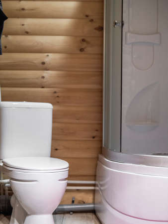 bath room modern style. wood logs background.の写真素材