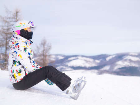 woman skier, Alps Mountains, Savoie, Franceの写真素材