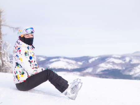 woman skier, Alps Mountains, Savoie, Franceの写真素材
