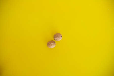 Two walnut trees on a yellow solid background. Food background. Kitchen top view
