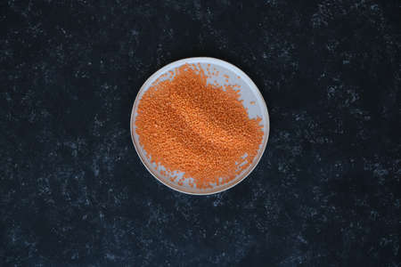 Red lentils close-up. Background with lots of lentils. Minimalism. Black background. Top view. Soft focus.の写真素材