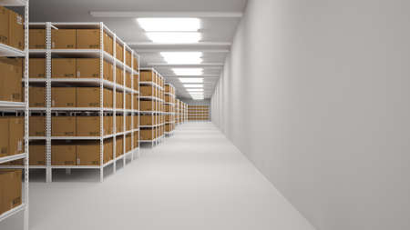 Rows of shelves with boxes in the factory warehouse. A perfectly white clean warehouse. Smooth boxes. Sample. Structured warehouse.の写真素材