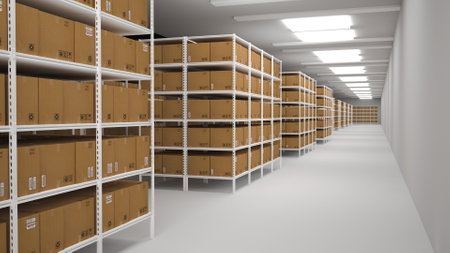 Rows of shelves with boxes in the factory warehouse. A perfectly white clean warehouse. Smooth boxes. Sample. Structured warehouse.の写真素材