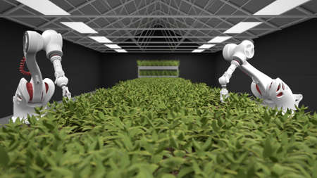 Modern Organic Farmhouse With Robotic Arm - 3d Rendering. Growing vegetables of the future.の写真素材