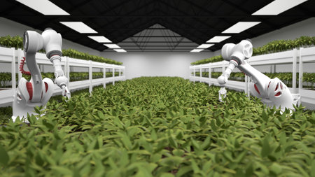 Robotic hands take care of fresh, young, green plants in a huge, modern greenhouse. Healthy food of the future.の写真素材