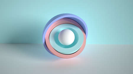 3d minimal motion design, ball hidden inside colorful hemispheres, layers opening. Simple geometric objects, primitive shapes isolated on blue background. Live image, modern animated posterの写真素材