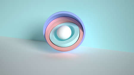 3d minimal motion design, ball hidden inside colorful hemispheres, layers opening. Simple geometric objects, primitive shapes isolated on blue background. Live image, modern animated posterの写真素材