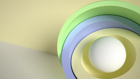 Multi-colored glossy hemispheres. core and layering. A three-dimensional figure. Primitives. yellow backgroundの写真素材