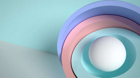 3d minimal motion design, ball hidden inside colorful hemispheres, layers opening. Simple geometric objects, primitive shapes isolated on blue background. Live image, modern animated posterの写真素材