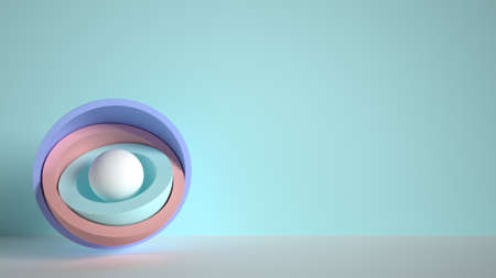 3d minimal motion design, ball hidden inside colorful hemispheres, layers opening. Simple geometric objects, primitive shapes isolated on blue background. Live image, modern animated posterの写真素材