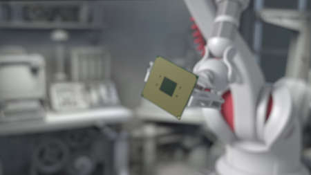 Modern High Tech Authentic Robot Arm Holding Contemporary Super Computer Processor. Industrial Robotic Manipulator End Effector Holding CPU Chip.の写真素材