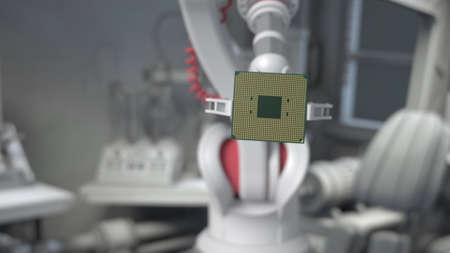 Modern High Tech Authentic Robot Arm Holding Contemporary Super Computer Processor. Industrial Robotic Manipulator End Effector Holding CPU Chip.の写真素材