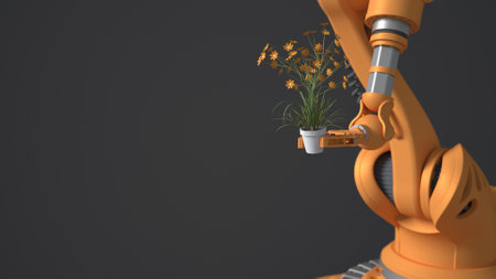 An orange robot holds a pot with a flower. Blurry gray background. The concept of the future protection of the green planet. nature conservation.の写真素材