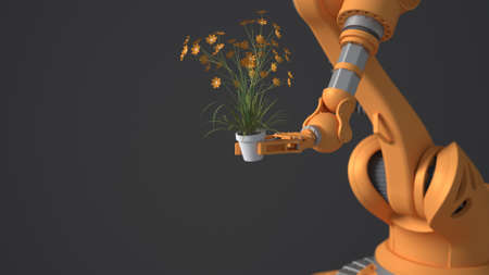 An orange robot holds a pot with a flower. Blurry gray background. The concept of the future protection of the green planet. nature conservation.の写真素材