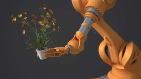 An orange robot holds a pot with a flower. Blurry gray background. The concept of the future protection of the green planet. nature conservation.の写真素材