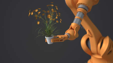 An orange robot holds a pot with a flower. Blurry gray background. The concept of the future protection of the green planet. nature conservation.の写真素材