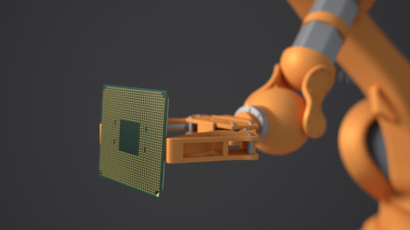The orange robot holds a productive processor for a personal computer. Blurry gray background. The...