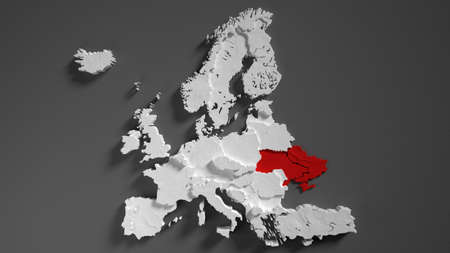 3d map of Ukraine and the European Union, Europe. The concept of joining war. Relations between Ukraine and Russia. Crimea, Donetsk, Luhansk occupied by Russia territories.の写真素材