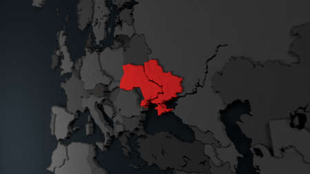 3d map of Ukraine and the European Union, Europe. The concept of joining war. Relations between Ukraine and Russia. Crimea, Donetsk, Luhansk occupied by Russia territories.の写真素材