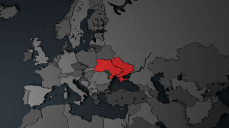 3d map of Ukraine and the European Union, Europe. The concept of joining war. Relations between Ukraine and Russia. Crimea, Donetsk, Luhansk occupied by Russia territories.の写真素材