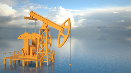Pumping Oil Rig On The water. Shelf. Mining in the ocean. Pumping jack for extracting crude oil from an oil well. Fossil fuel energy. Equipment for the Oil Industry.の写真素材