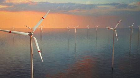 Large wind turbines with blades in field aerial view bright orange sunset blue sky wind park slow motion drone turn. Silhouettes windmills, large orange sun disc summer lens flare. alternative energy.の写真素材