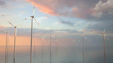 Large wind turbines with blades in field aerial view bright orange sunset blue sky wind park slow motion drone turn. Silhouettes windmills, large orange sun disc summer lens flare. alternative energy.の写真素材