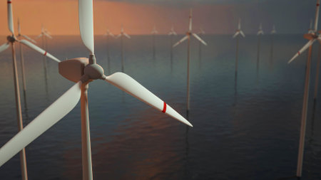 Large wind turbines with blades in field aerial view bright orange sunset blue sky wind park slow...